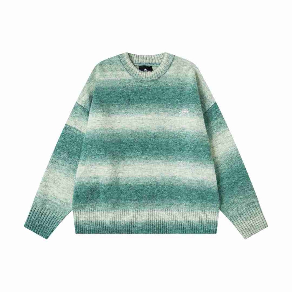 Stussy Men's Green and White Striped Crewneck Sweater